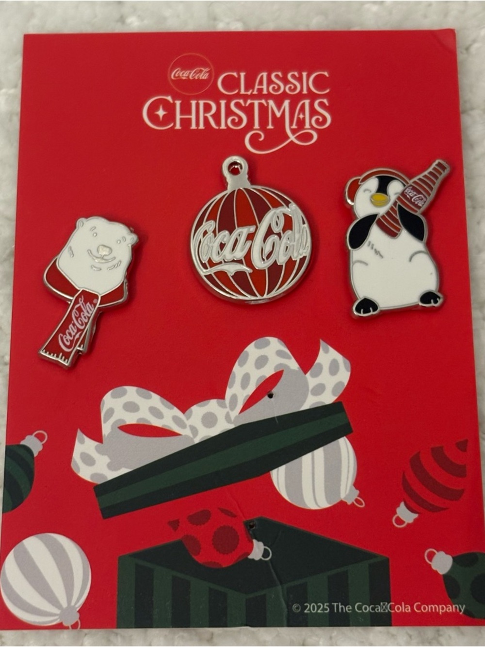 Coca-Cola Christmas Pin Set 2025 Penguin Ornament Bottle Original Soda